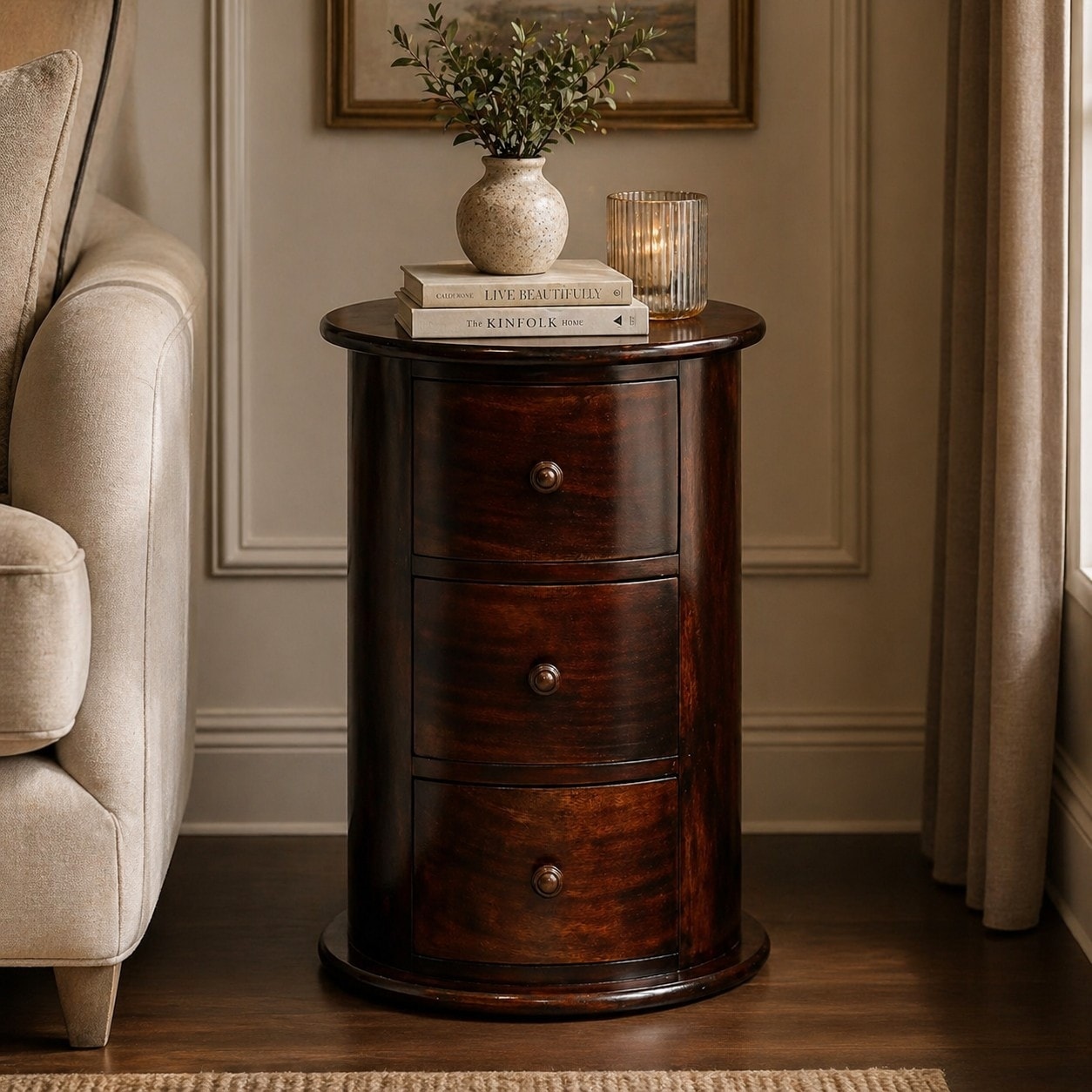 Artisan Furniture Solid Wood California Walnut Drum 3 Drawer Chest , Brown