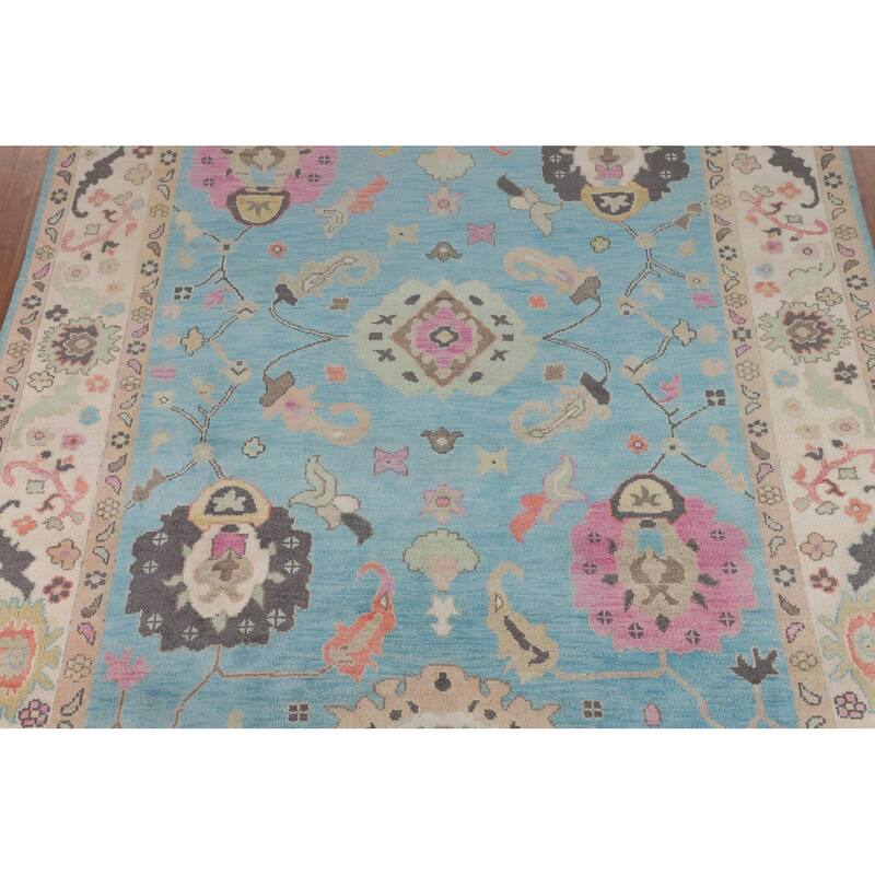 Light Blue Floral Oushak Oriental Area Rug Hand-Knotted Wool Carpet - 8'11"x 11'9"