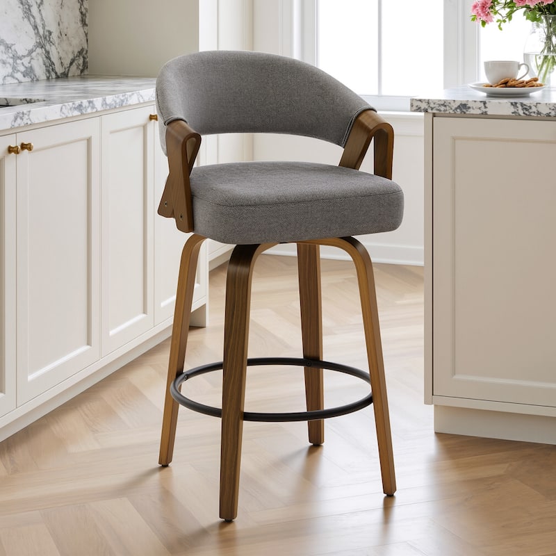 Mid-Century Upholstered Swivel Bar Stool/ Counter Stools with Curved Back - 37.5"H x 20.9"W x 19.9"D - Single - Grey-Polyester