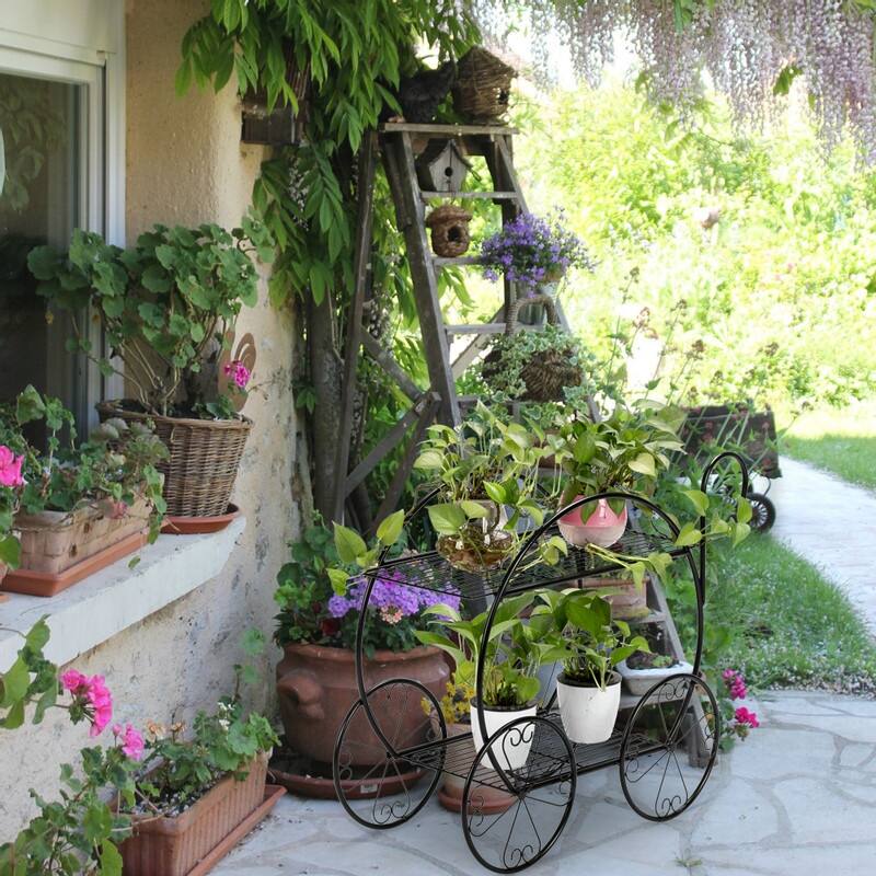 Cart Shape 2 Tier Plant Stand Shelf Black