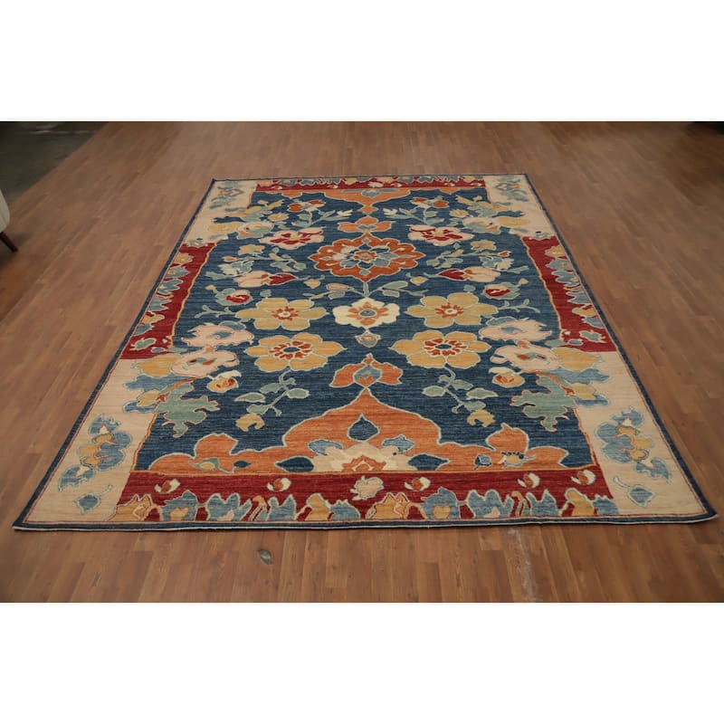 Hand Knotted Oriental 100% Wool Carpet Transitional Floral Navy Blue & Blues Oushak Area Rug - 11' 10'' X 9' 2''
