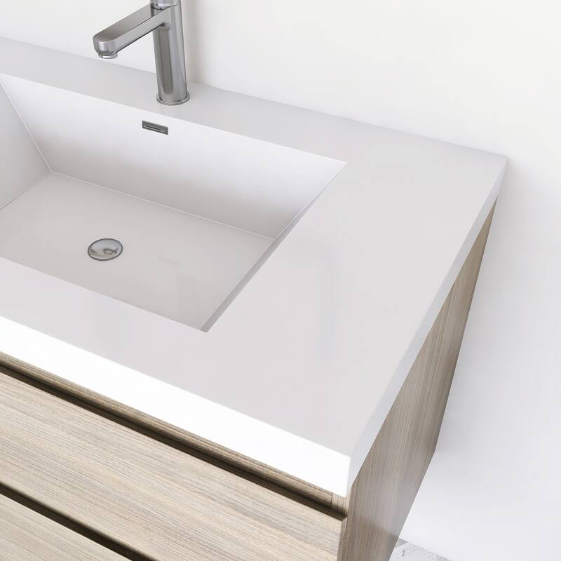 Modern Wall-Mounted Bathroom Vanity with White Solid Surface Top