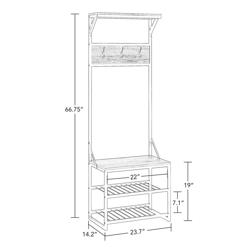 RiverRidge Afton Hall Tree Shoe Storage Organizer Cabinet, Hooks and Entryway Bench - Weathered Woodgrain and Metal Frame