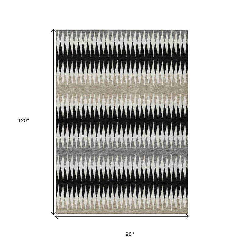 Black Gray And Beige Striped Washable Indoor Outdoor Area Rug - 8' X 10'