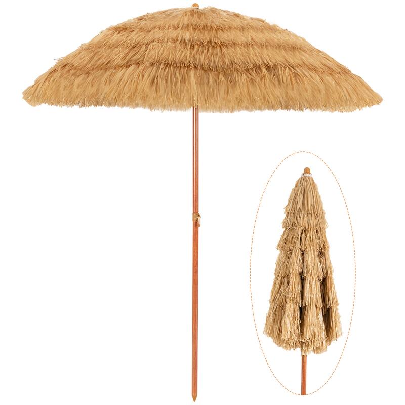 6.5Ft Thatched Patio Umbrella Portable Hawaiian Tilt Tiki Umbrella - Khaki
