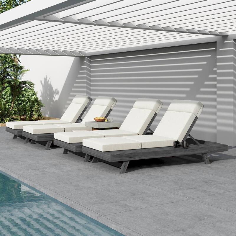 Christopher Knight Home - Elmont Outdoor Acacia Wood Adjustable Chaise Lounge with Water-Resistant Cushions & Headrest Cushion