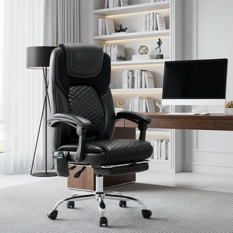 High-Back Executive Office Chair with Massage, Heat and Reclining Footrest - Ergonomic Leather Chair