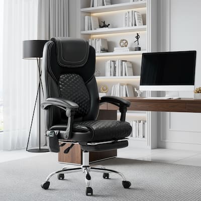 High-Back Executive Office Chair with Massage, Heat and Reclining Footrest - Ergonomic Leather Chair