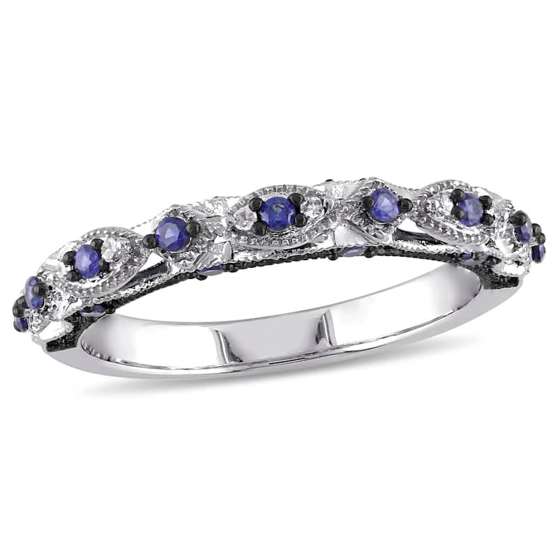 Miadora 10k White Gold Created Blue Sapphire and Diamond Accent Vintage Anniversary Ring