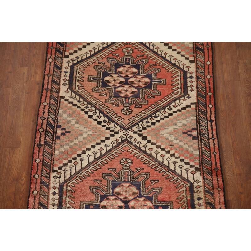 Geometric Bakhtiari Persian Vintage Runner Rug Handmade Wool Carpet - 3'1"x 9'1"