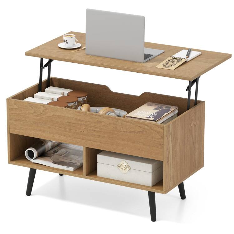 31.5 Inch Lift Top Coffee Table with Hidden Compartment and 2 Storage Shelves - 31.5" x 15.5" x 17.5" (L x W x H)