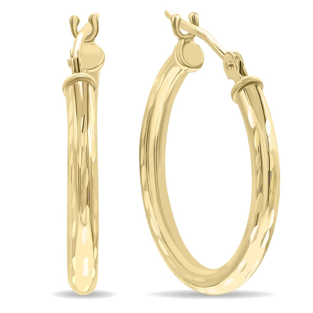 Marquee Jewels 10K Yellow Gold Shiny Diamond Cut Engraved Hoop Earrings (20mm)