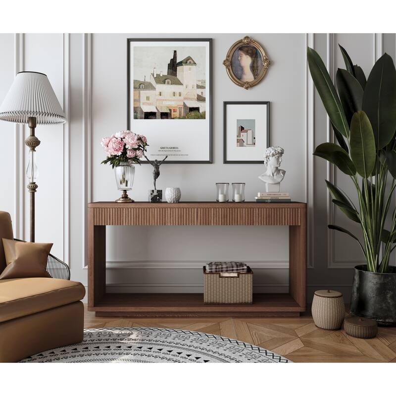 Modern 2-Drawer Fluted Console Table, Sofa Table, for Living Rooms, Hallways, Entryways and Home Offices, Walnut