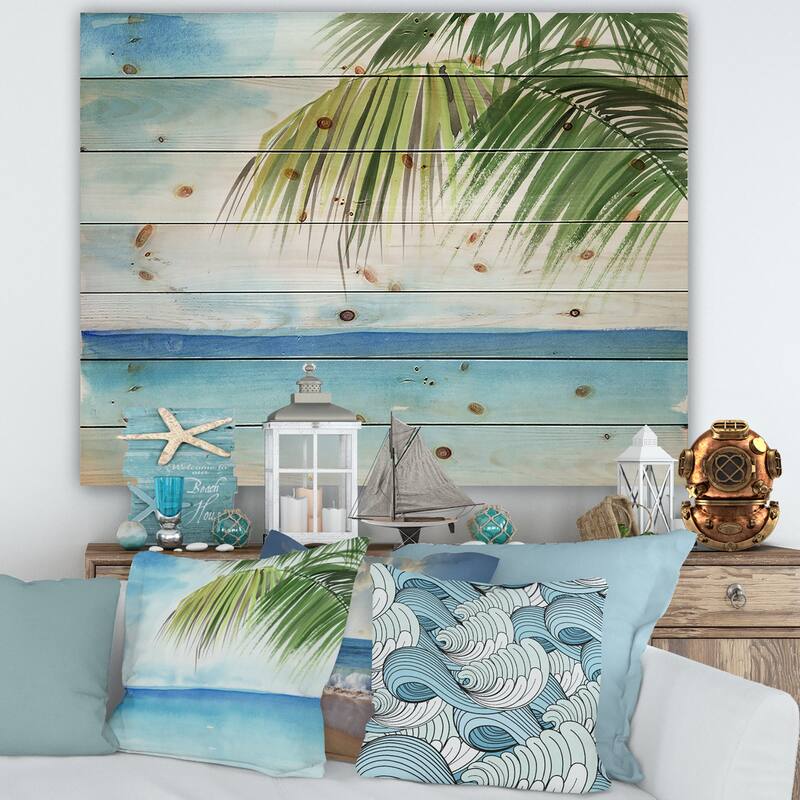 Designart 'Palm Beach Resort At Dawn III' Nautical & Coastal Print on Natural Pine Wood