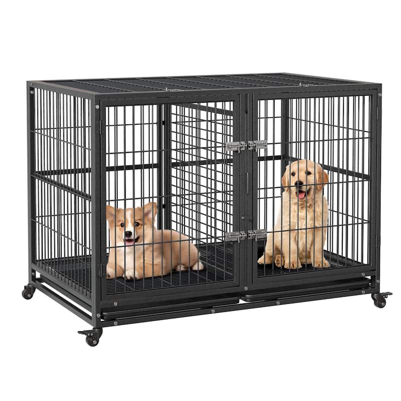 Heavy Duty Dog Crate, Escape-Proof Steel Kennel with Locking Wheels - N/A