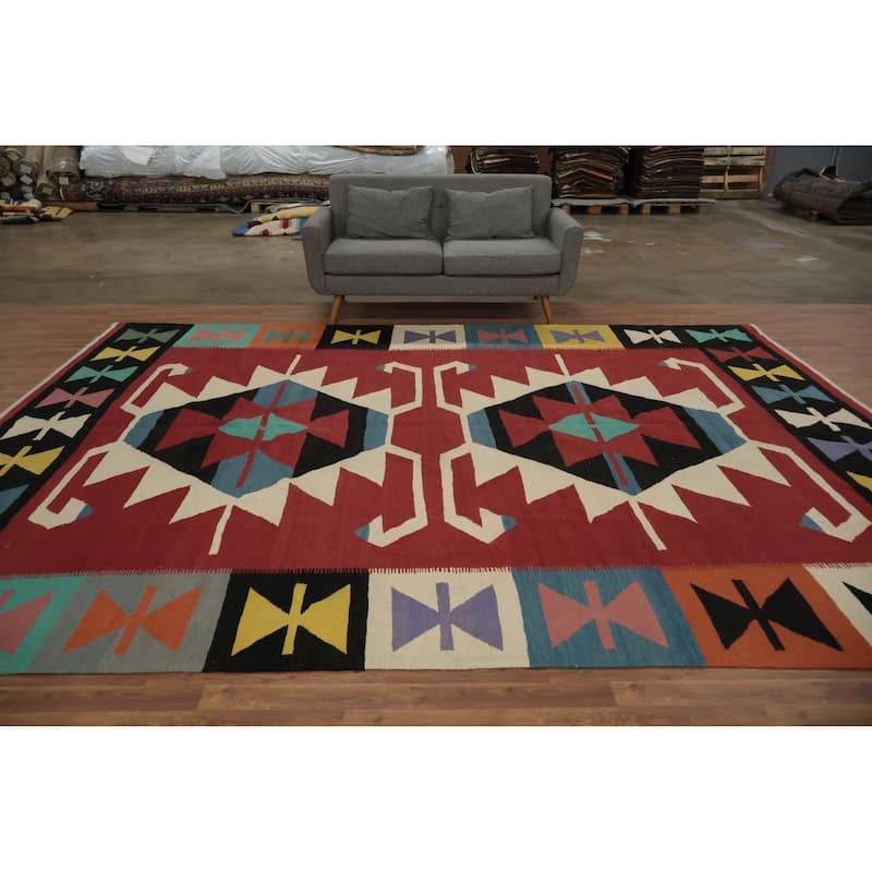 Hand Woven Oriental 100% Wool Carpet Southwestern Tribal Red Kilim Area Rug - 13' 0'' X 9' 9''