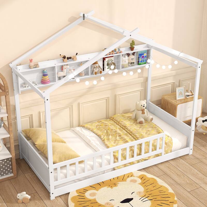 Gymax Twin Size House Bed w/Storage Shelf Headboard & Guardrail Wooden