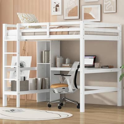 Loft Bed with Multifunction Shelves and Under-bed Desk
