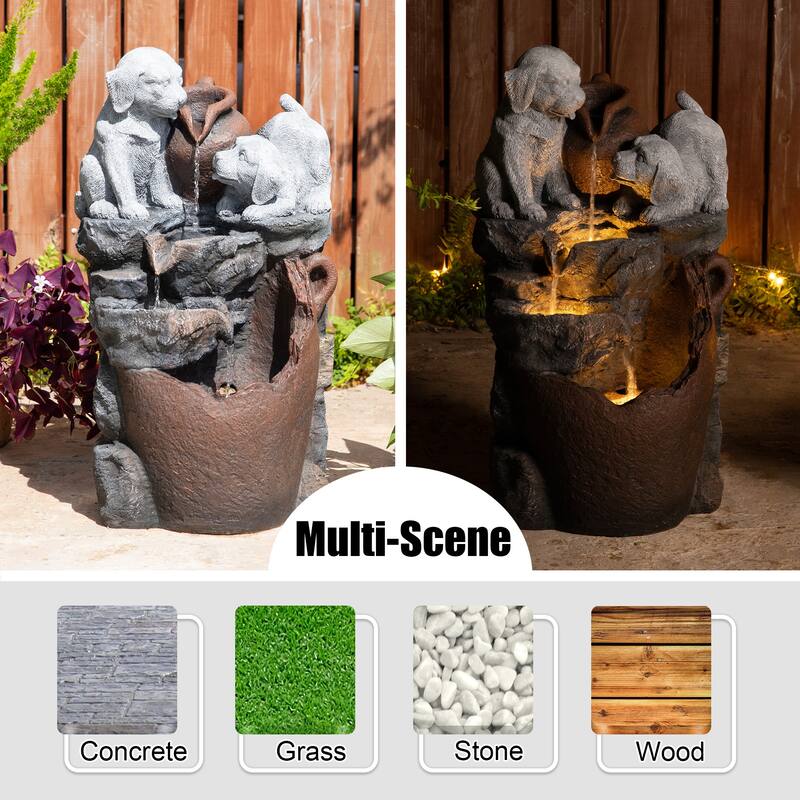 Glitzhome 4-Tiered Dogs or Elephant and Pot Polyresin Outdoor Fountain with Pump and LED Light