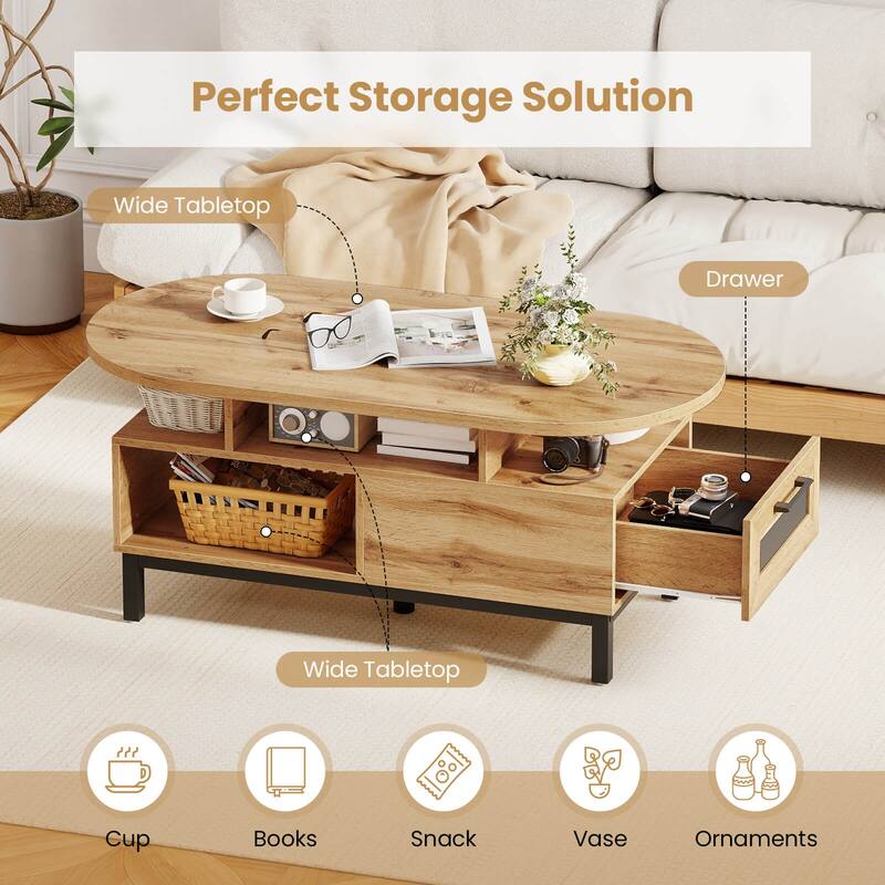 Costway 47” Oval Top Coffee Table with 4 Open Compartments & Drawer, 5 - See Details