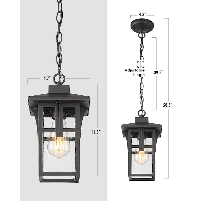 1-Light Pendant Light Fixtures with Height Adjustable Chain, Seeded Glass Shade, Matte Black Finish