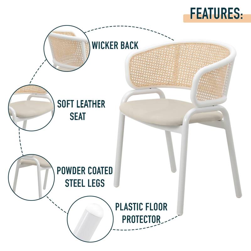 Euston Modern Mid-Century Leather Dining Chairs with Wicker Back in Steel Frame - Accent Armchair for Home Office & Kitchen
