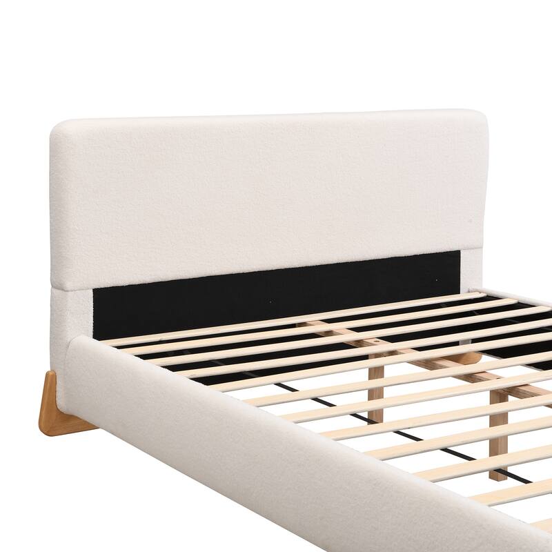 Luxurious Upholstered Bed with Headboard, Boucle Fabric Platform Bedframe with Solid Wood Foot, Wooden Slat Support
