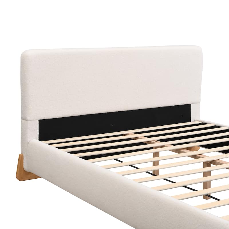 Queen Size Upholstered Bouclé Bed with Solid Wood Legs, Elegant White Platform Bed with Durable Support and Timeless Design