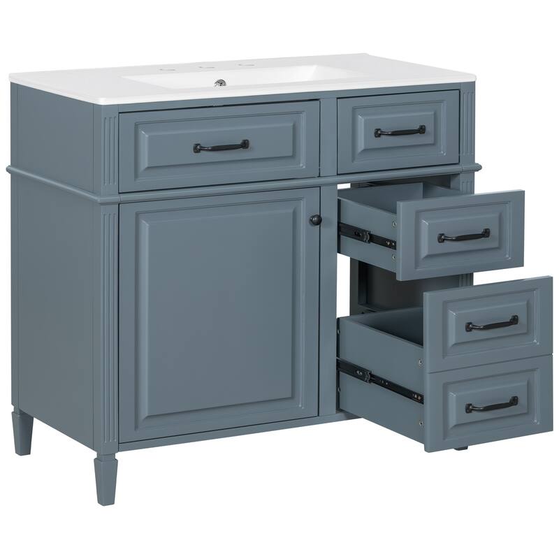 Roomfitters 36" Bathroom Vanity with Sink, Solid Wood Legs, 4 Drawers & Soft-Close Door with Storage Rack