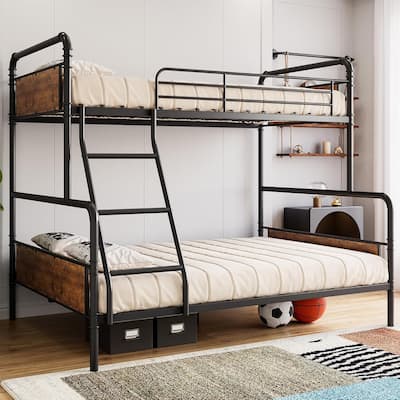 Twin Over Full Metal Bunk Bed with Guardrails & Ladder, Convertible Frame for Kids, Teens & Adults