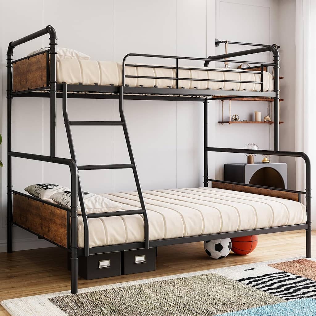 Twin Over Full Metal Bunk Bed with Guardrails & Ladder, Convertible Frame for Kids, Teens & Adults