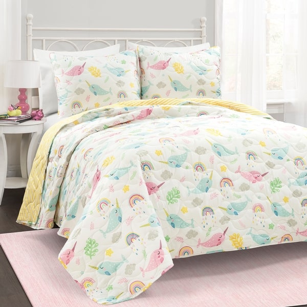 slide 2 of 6, Lush Decor Magical Narwhal Reversible Oversized Quilt Set White/Multi - Full - Queen
