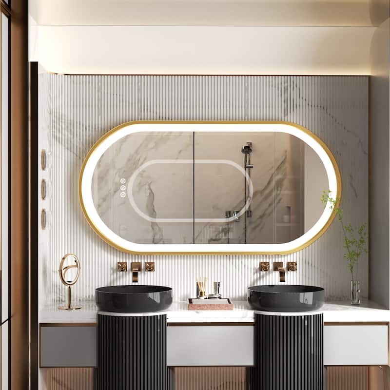 Oval LED Bathroom Mirror Light Wall Mounted with Metal Frame Anti-Fog