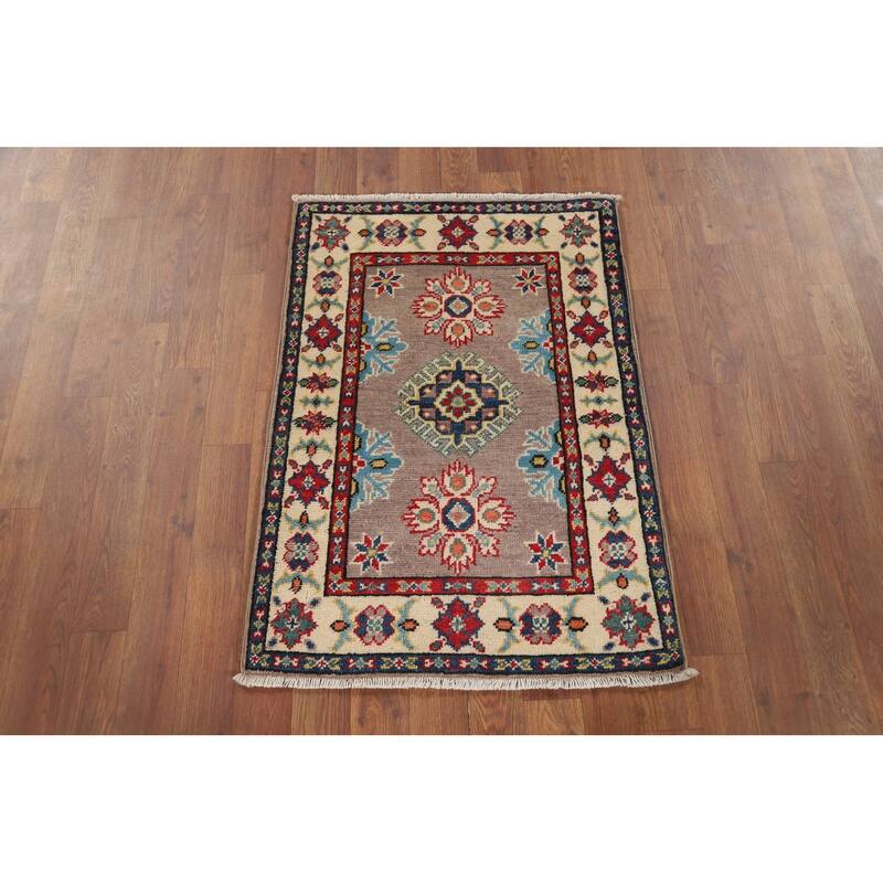 Hand Knotted Oriental 100% Wool Carpet Traditional Geometric Brown Kazak Area Rug - 2' 11'' X 2' 1''