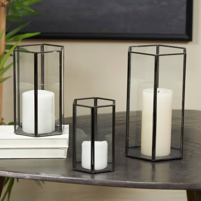 CosmoLiving by Cosmopolitan Clear Metal Hexagon Shaped Geometric Indoor Outdoor Candle Lantern with Clear Glass (Set of 3)