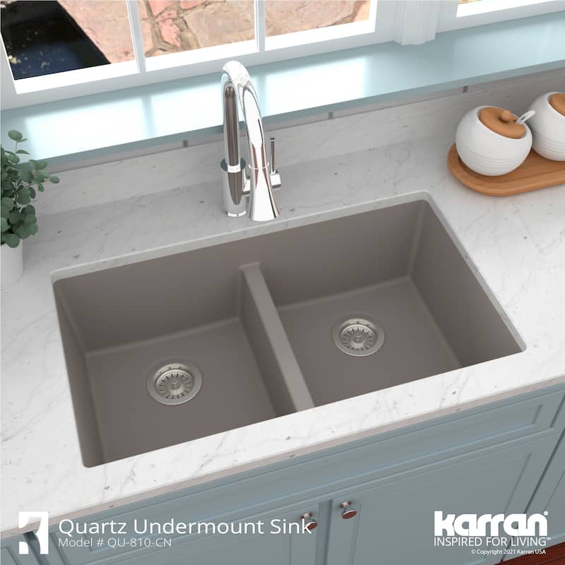 Karran 32" Undermount Double Equal Bowl Quartz Kitchen Sink Kit - 32" x 19.5" x 9"