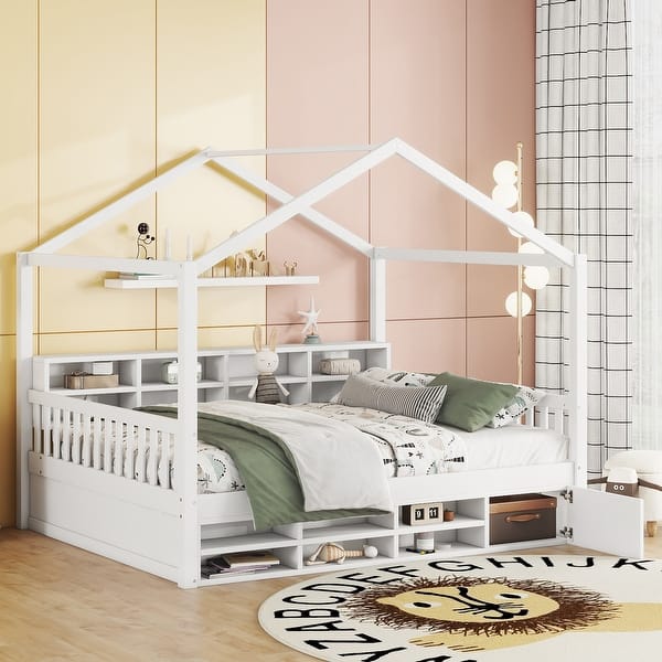slide 2 of 11, Full Size Wooden House Bed with Shelves and Mini-cabinet White