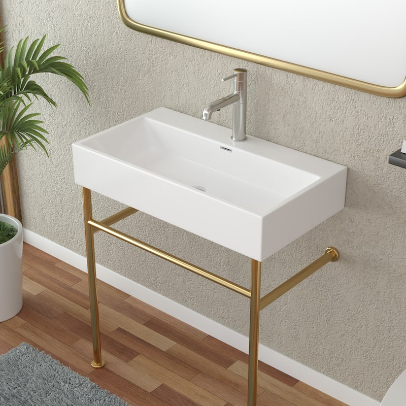 Lordear 24/30 in Ceramic White Single Bowl Console Sink Basin and Black/Gold Legs Combo with Overflow