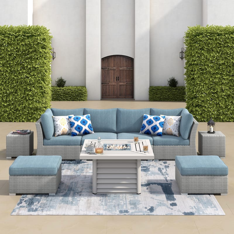 Corvus 9-piece Grey Wicker Patio Sectional Conversation Set with Fire Pit