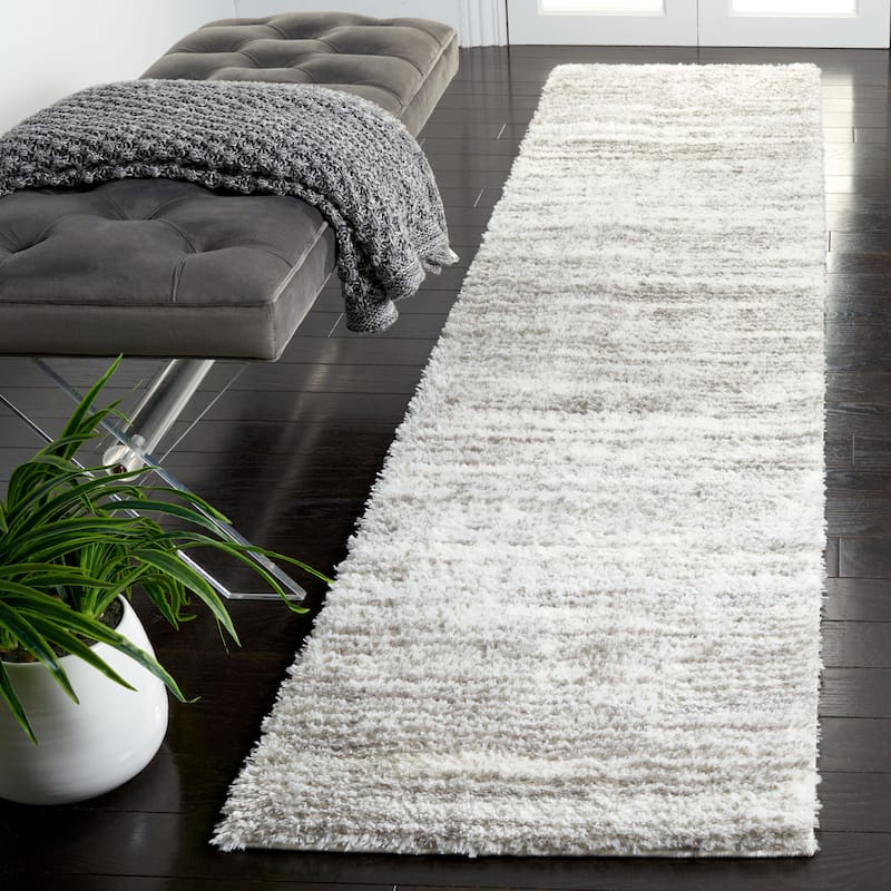 SAFAVIEH Tahoe Shag Yaprak Abstract 1.2-inch Thick Rug - 2' x 9' Runner - Ivory/Grey - Runner
