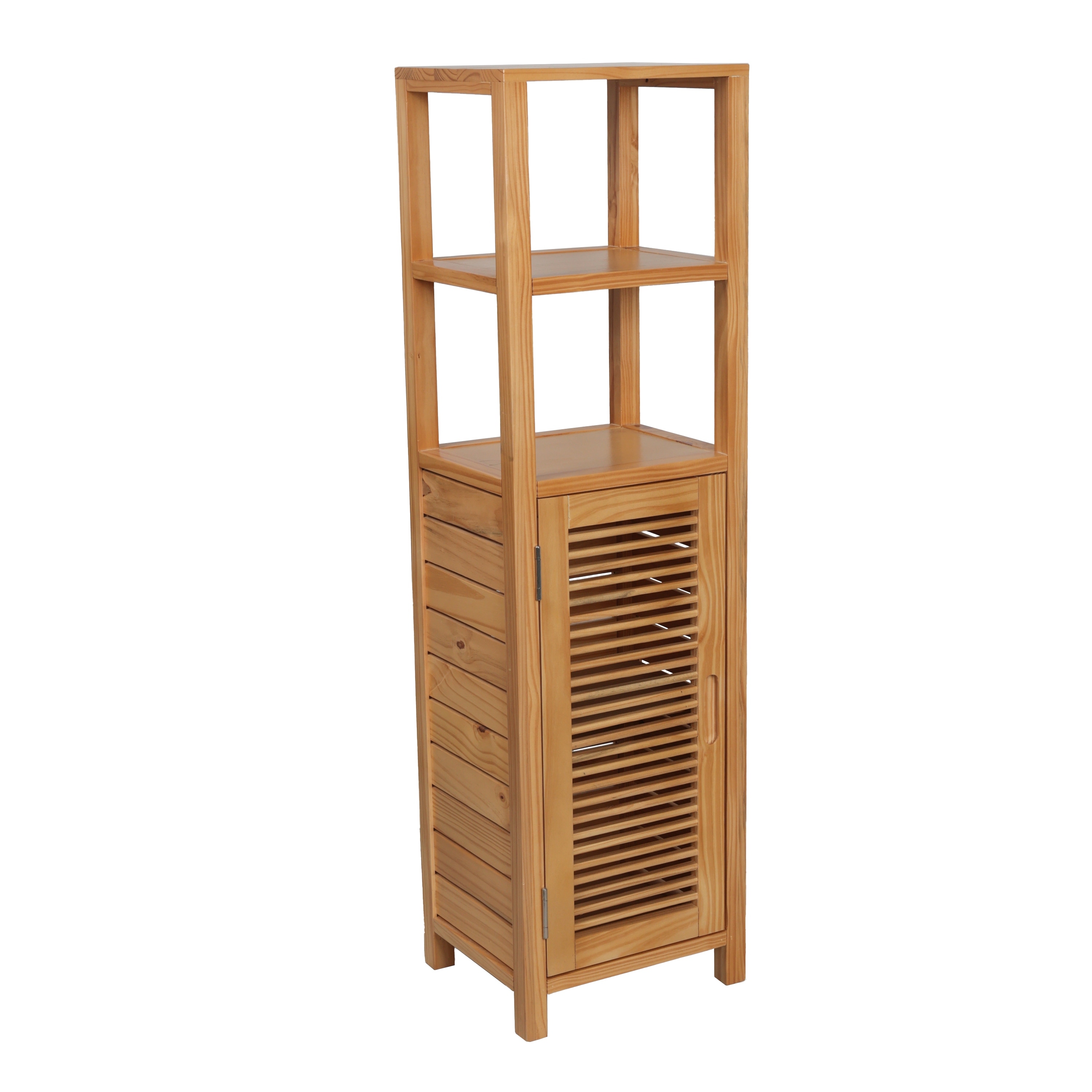 happimess Solstice Handcrafted Pine Wood Bathroom Freestanding Floor Storage Cabinet with Louvered Door and 3-Tier Open Shelves