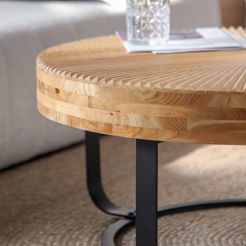 GDFStudio Calvion Round Pine Wood Coffee Table with Steel Frame and Carving Pattern