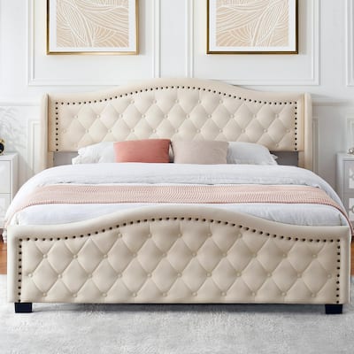Velvet Upholstered Bed Frame with Button Tufted Headboard