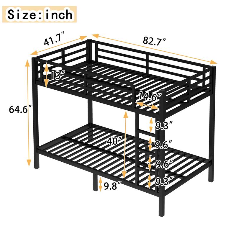 Metal Bunk Bed Frame with Safety Guardrail, Heavy Duty Metal Slat Support, Noise Free
