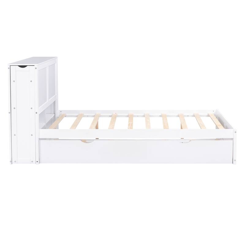 Platform Bed Hidden Storage Bed Frame Bedroom Superior Quality Slats Bed with Pull Out Shelves and Trundle for Kids Teens