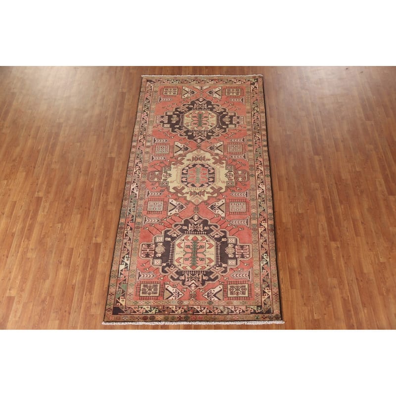 Pink Geometric Meshkin Persian Vintage Area Rug Handmade Wool Carpet - 4'11"x 9'10"