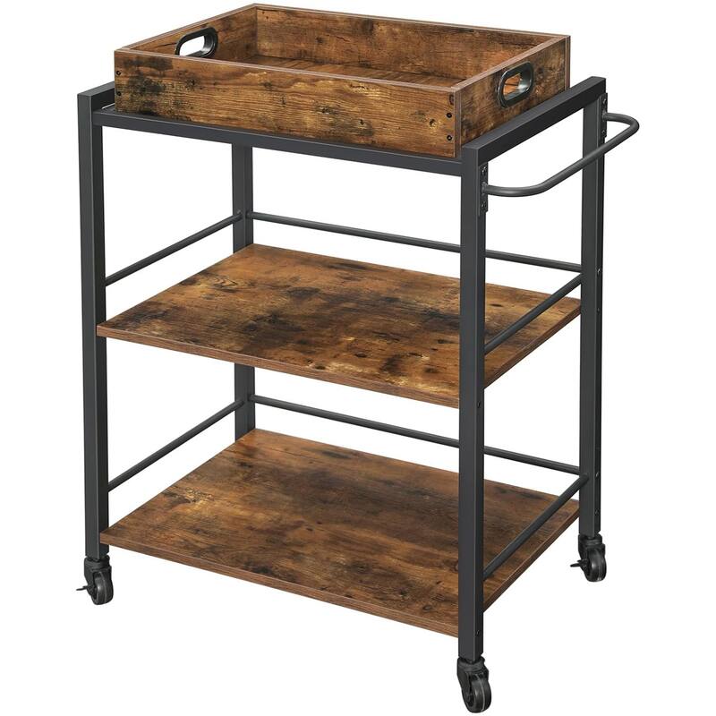 3-Tier Kitchen Serving Cart on Wheels with Storage, Leveling Feet - Rustic Brown