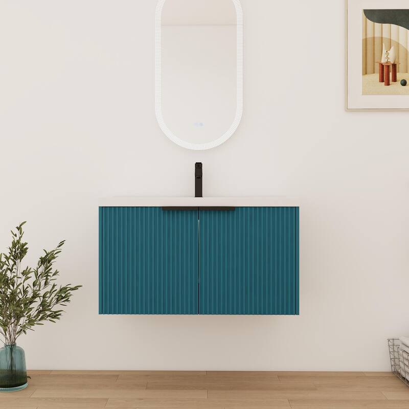 Bathroom Vanity With Sink In 36 Inch, Floating Bathroom Vanity With Soft Close Door - 35.4''W×18.1''D×20.5''H - Lake blue