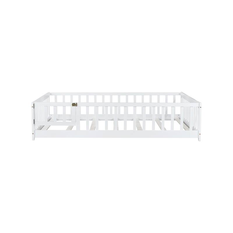 Wooden Floor Bed Frame with Slats Support, Twin Size Kids Floor Bed, Rubber Wood Twin Floor Bed Frame with Fence and Door