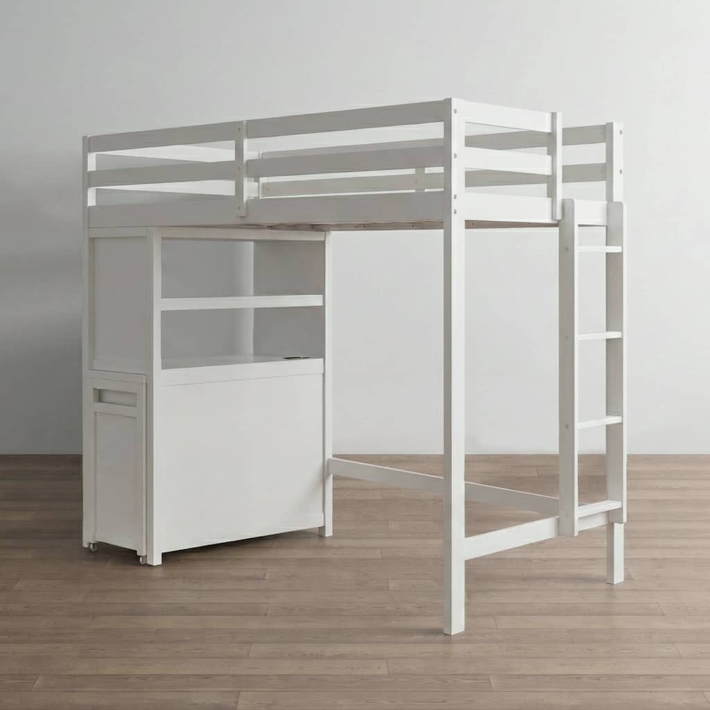 Furniture of America Elyra Modern Twin White Solid Pinewood Loft Bed with 3-Drawer Cabinet